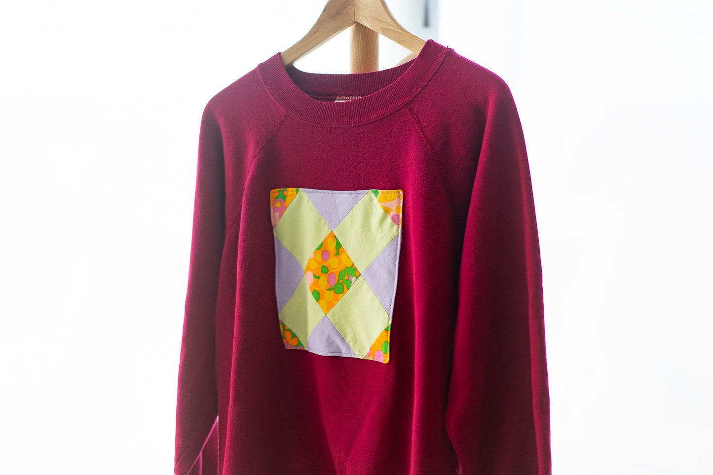 Upcycled Crewneck Sweater - Lilac, Spring Green and Floral Patch on Maroon - Unisex M