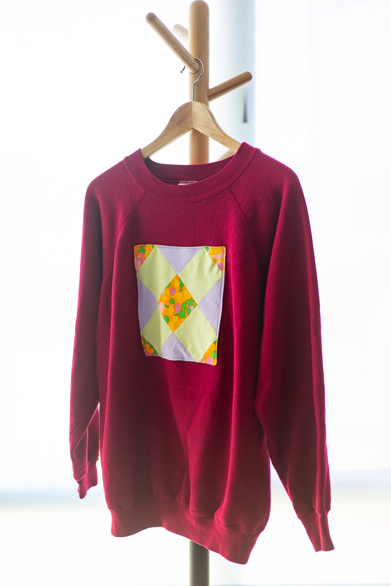 Upcycled Crewneck Sweater - Lilac, Spring Green and Floral Patch on Maroon - Unisex M