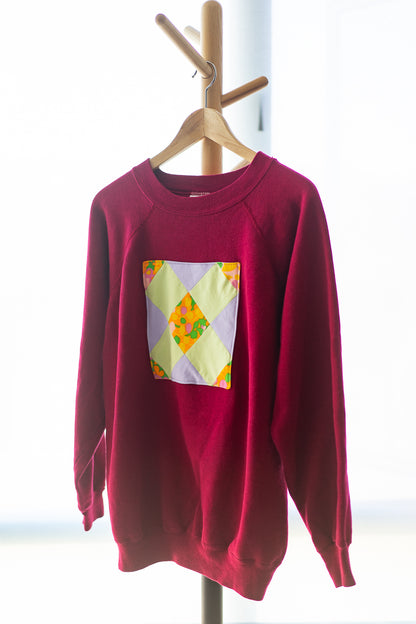 Upcycled Crewneck Sweater - Lilac, Spring Green and Floral Patch on Maroon - Unisex M