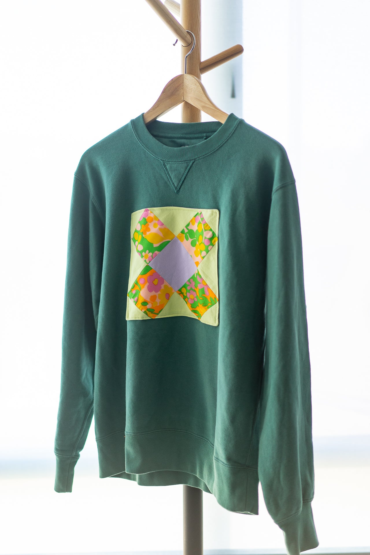 Upcycled Crewneck Sweater - Lilac, Spring Green and Floral Patch on Seagreen - Unisex M