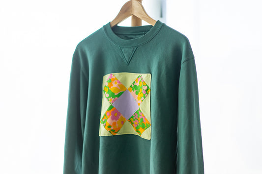 Upcycled Crewneck Sweater - Lilac, Spring Green and Floral Patch on Seagreen - Unisex M