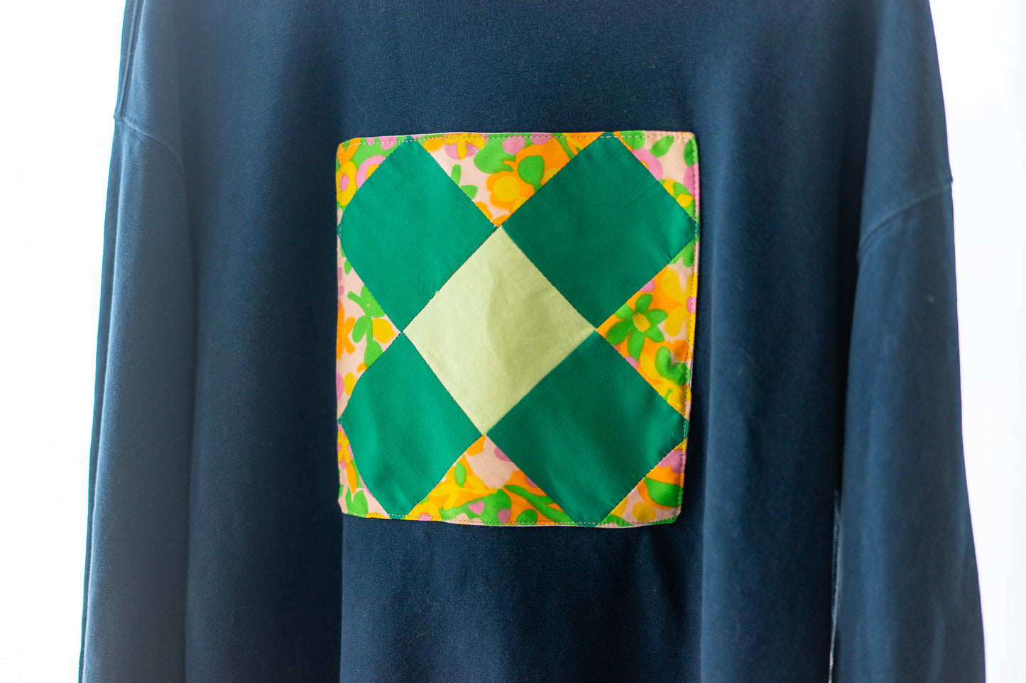 Upcycled Crewneck Sweater - Spring Green, Rainforest Green, and Floral Patch on Navy - Unisex M