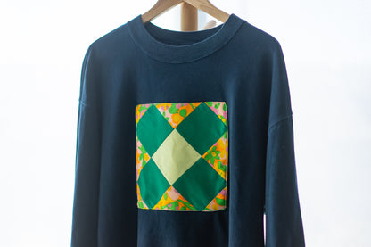 Upcycled Crewneck Sweater - Spring Green, Rainforest Green, and Floral Patch on Navy - Unisex M